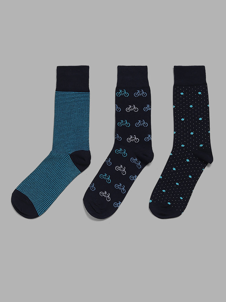 WES Lounge Navy Cotton Blend High-Length Socks - Pack of 3