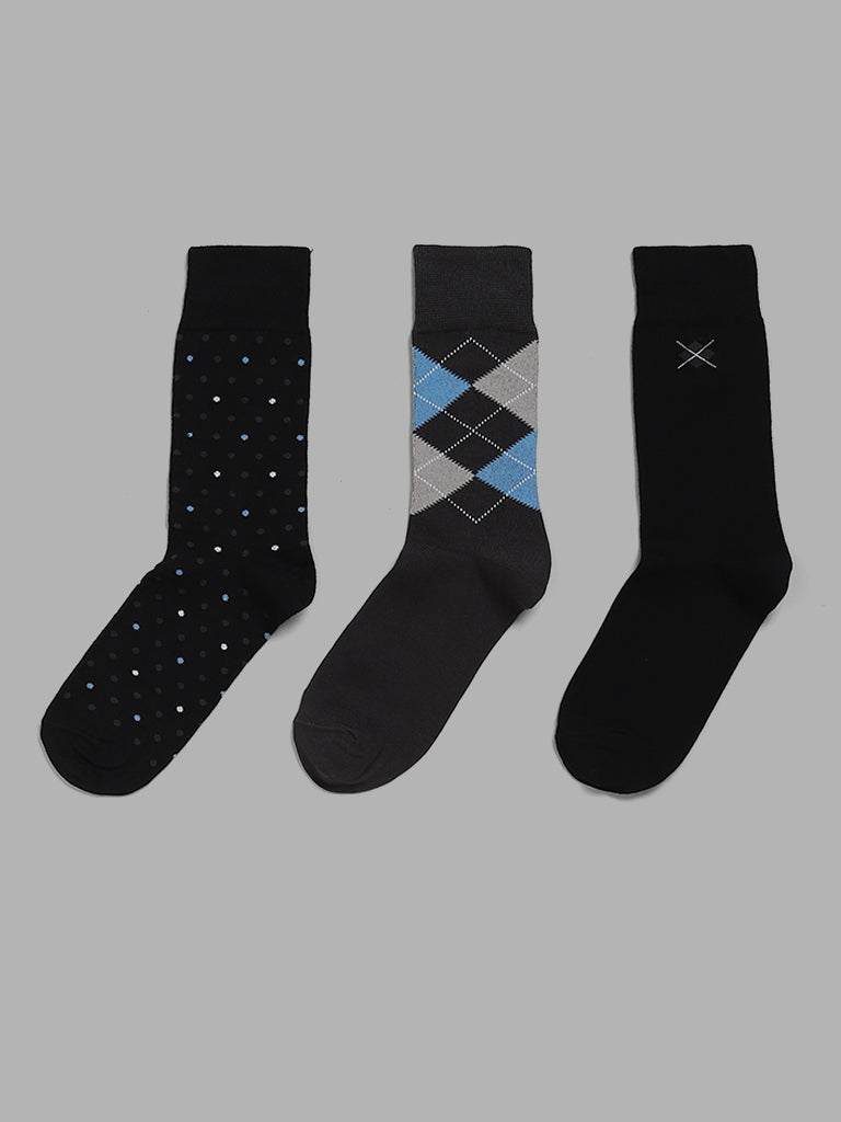 WES Lounge Black Cotton Blend High-Length Socks - Pack of 3