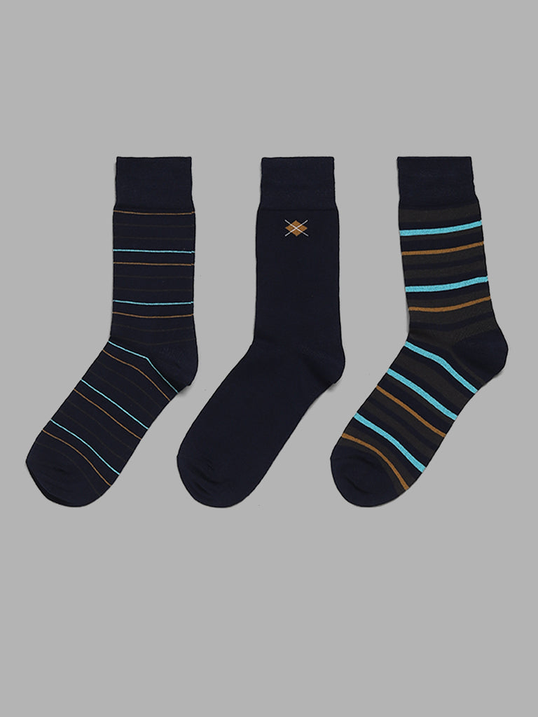 WES Lounge Navy Cotton Blend High-Length Socks - Pack of 3