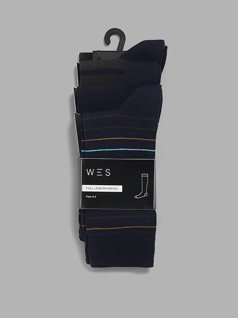 WES Lounge Navy Cotton Blend High-Length Socks - Pack of 3