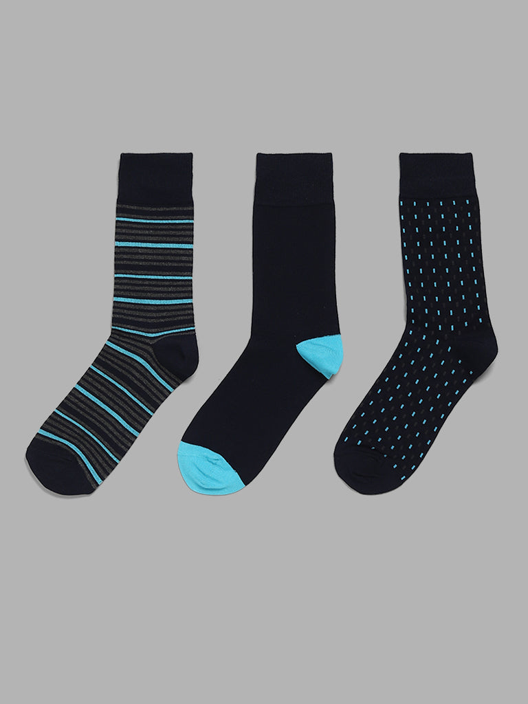 WES Lounge Navy Cotton Blend High-Length Socks - Pack of 3