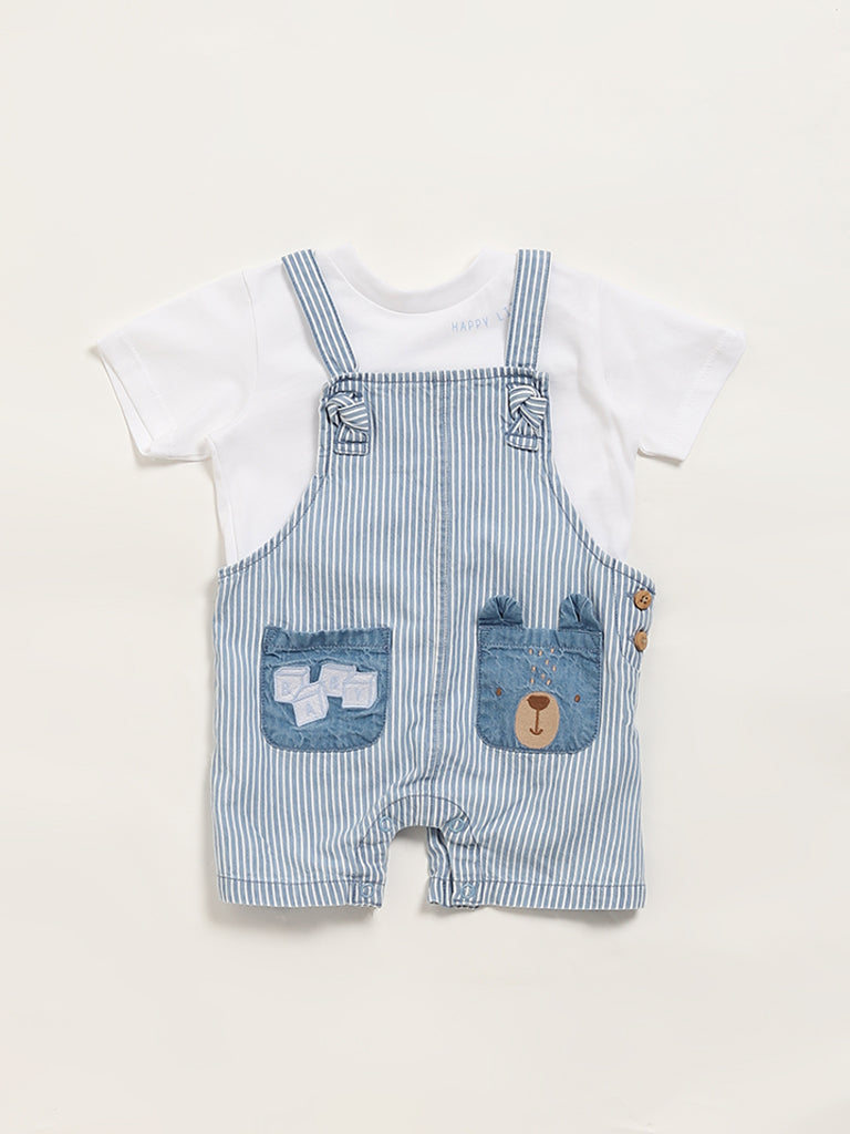 HOP Baby Blue Striped Dungaree & T-Shirt Set