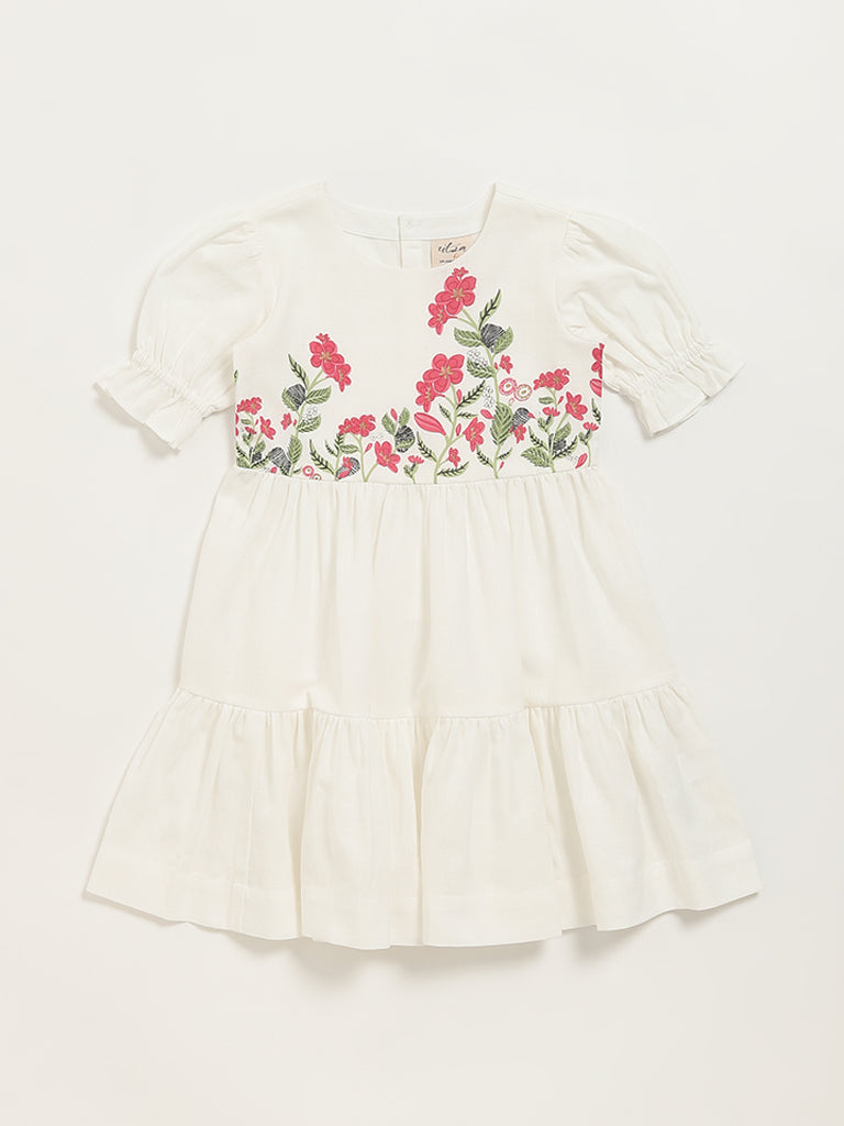 Utsa Kids White Floral Print Tiered Dress (2 - 8yrs)