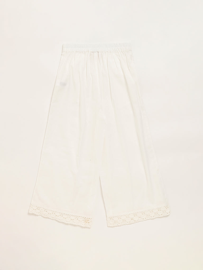 Utsa Kids White Lace-Trim Wide-Leg Palazzos (8 -14yrs)