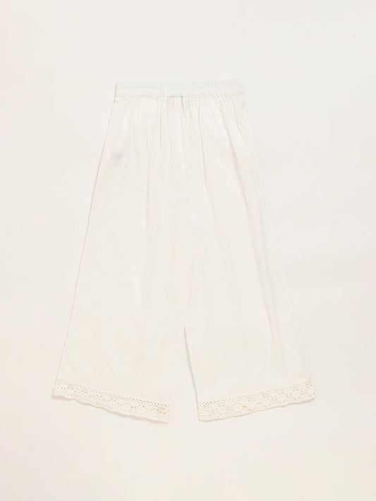 Utsa Kids White Lace-Trim Wide-Leg Palazzos (8 -14yrs)