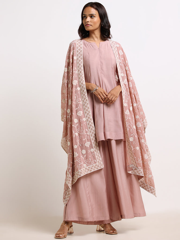 Vark Pastel Pink Embroidered Kurti, Palazzos & Dupatta Set