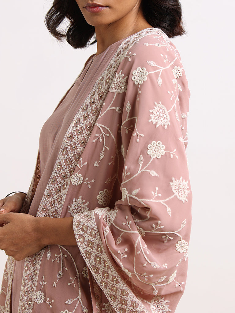 Vark Pastel Pink Embroidered Kurti, Palazzos & Dupatta Set