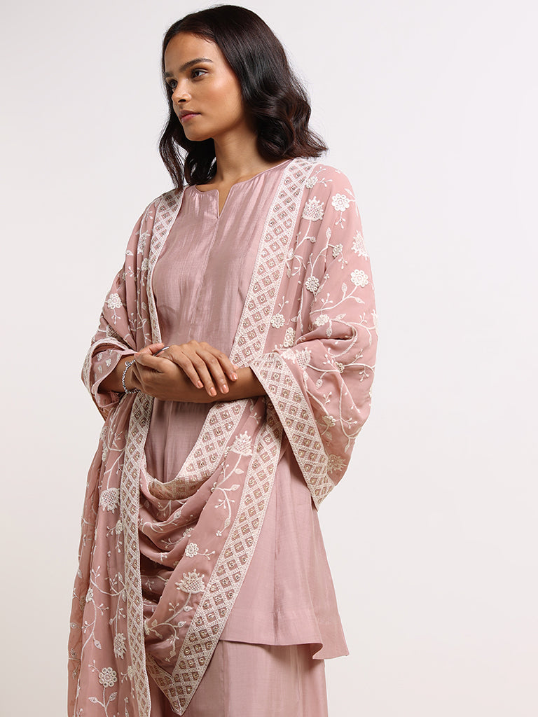 Vark Pastel Pink Embroidered Kurti, Palazzos & Dupatta Set