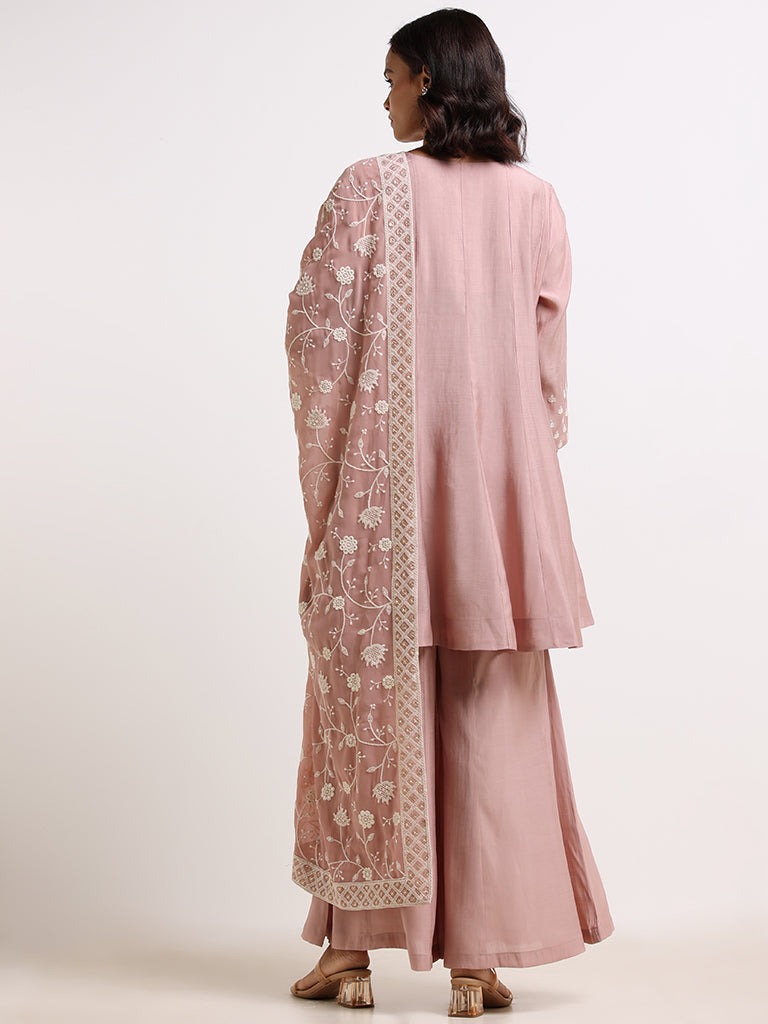 Vark Pastel Pink Embroidered Kurti, Palazzos & Dupatta Set