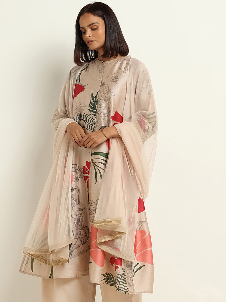 Vark Beige Kurta, Pants & Dupatta Set