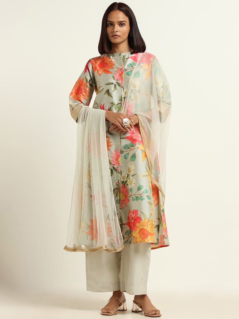 Vark Pale Blue Kurta, Palazzos & Dupatta Set