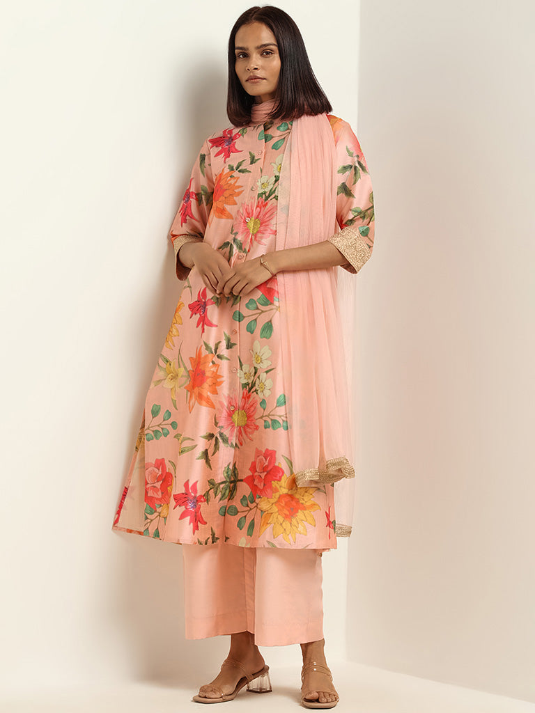 Vark Peach Kurta, Pants & Dupatta Set