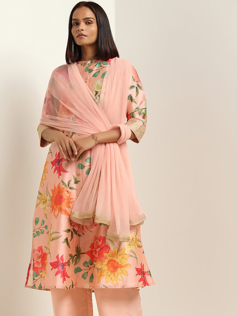 Vark Peach Kurta, Pants & Dupatta Set