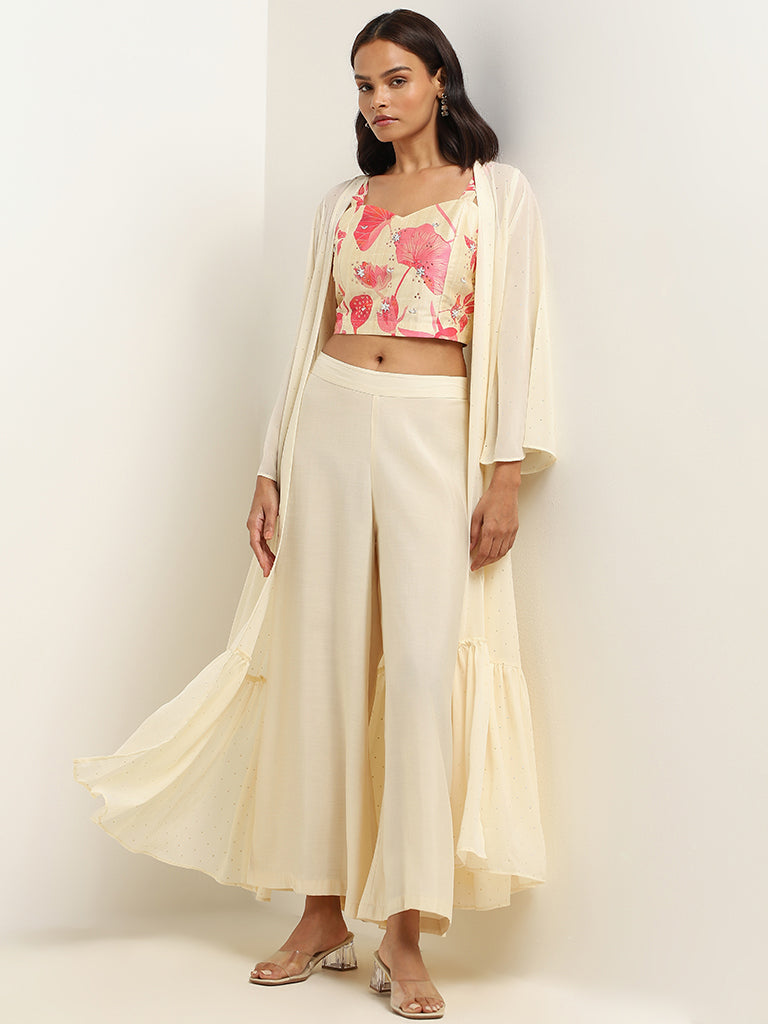 Vark Cream Floral Top, Palazzos & Jacket Set