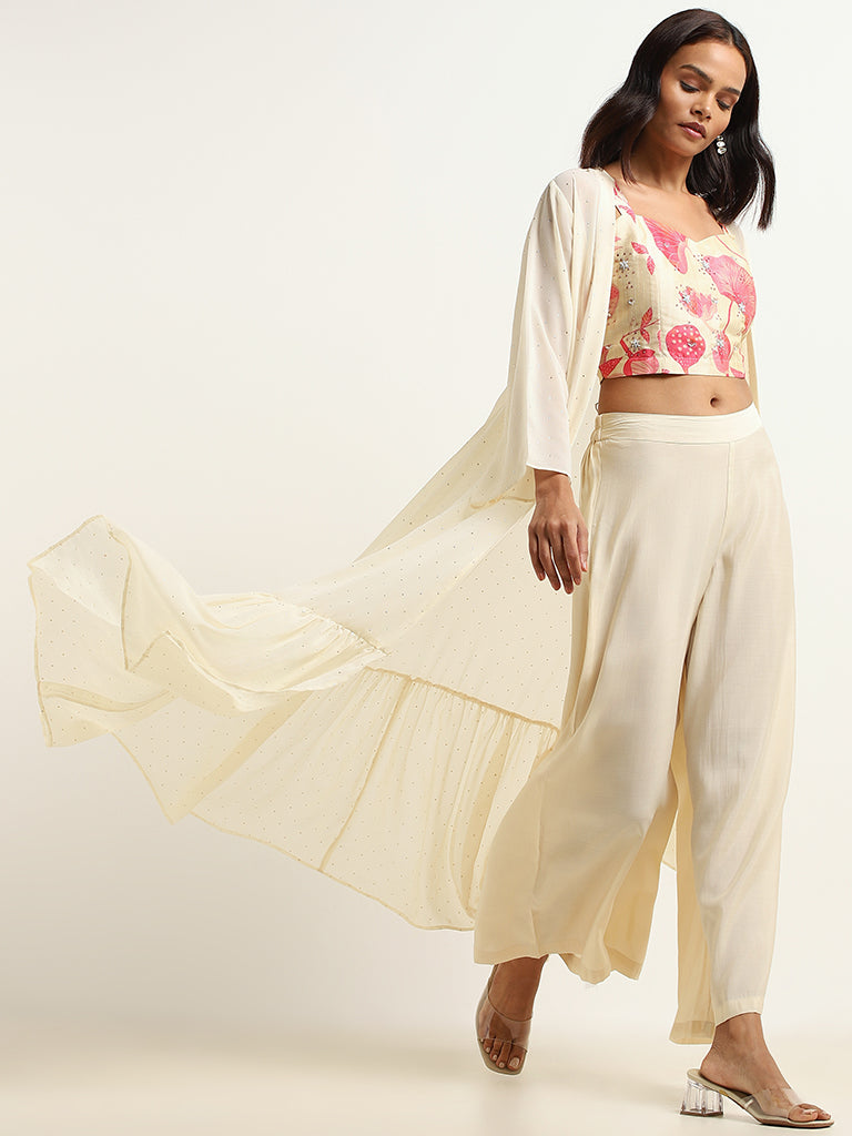 Vark Cream Floral Top, Palazzos & Jacket Set