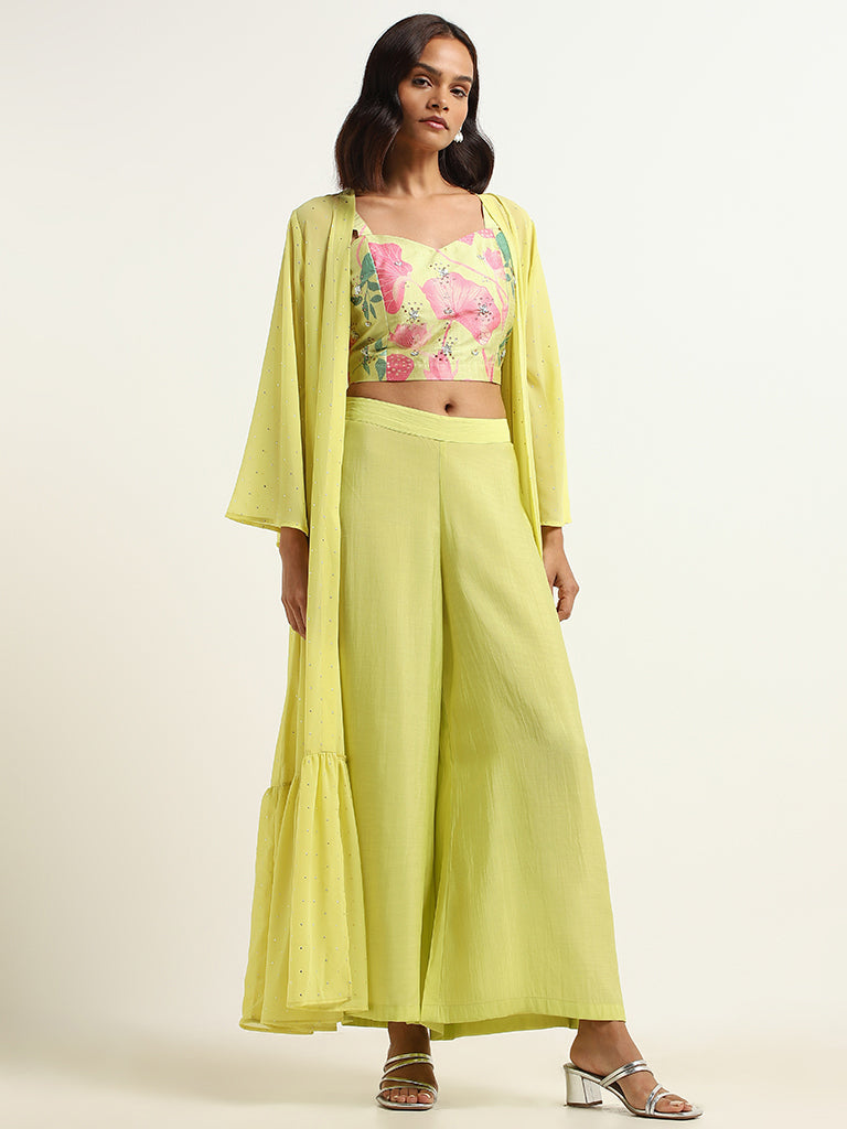 Vark Green Floral Top, Palazzos & Jacket Set