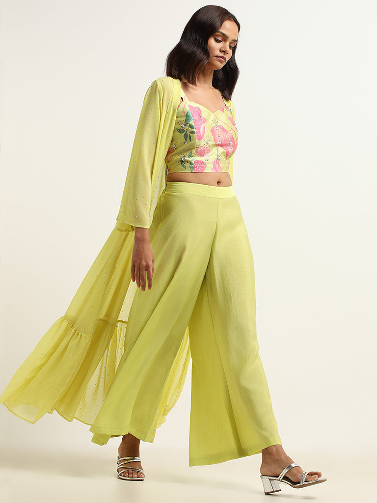 Vark Green Floral Top, Palazzos & Jacket Set