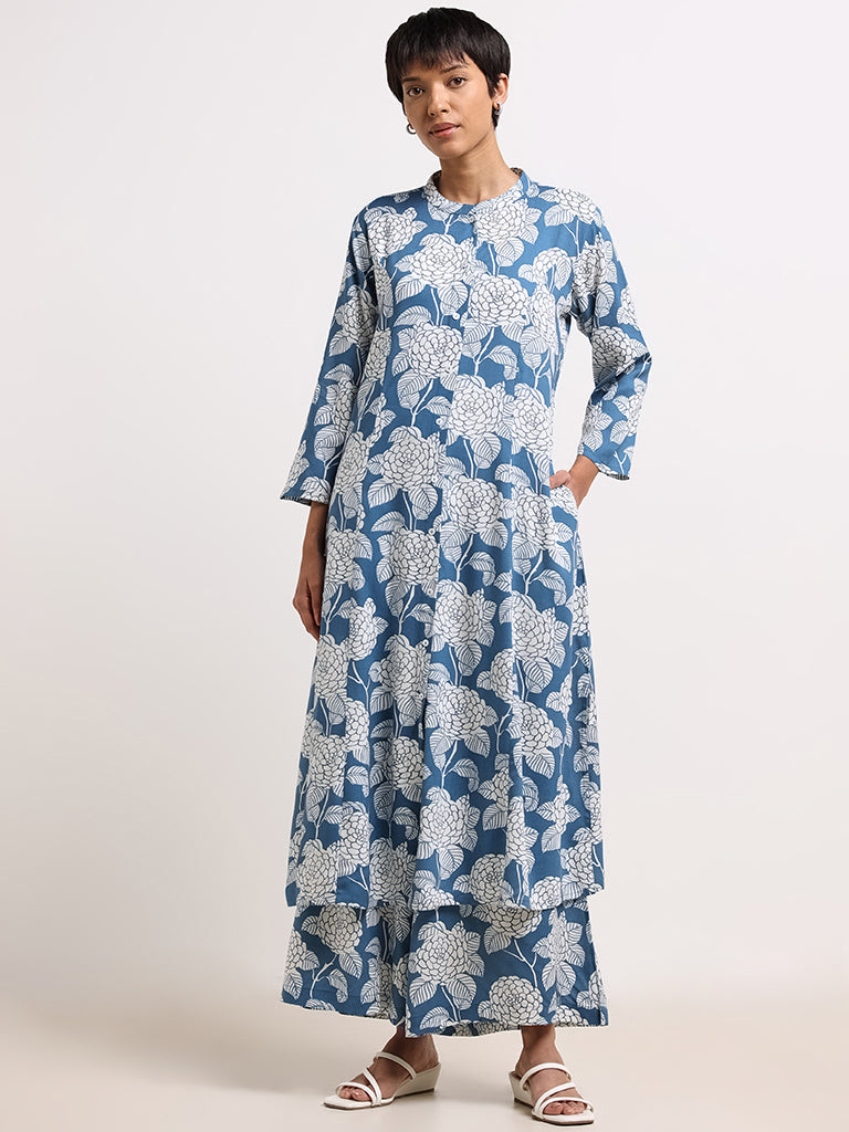 Utsa Blue Floral Button-Down Kurta