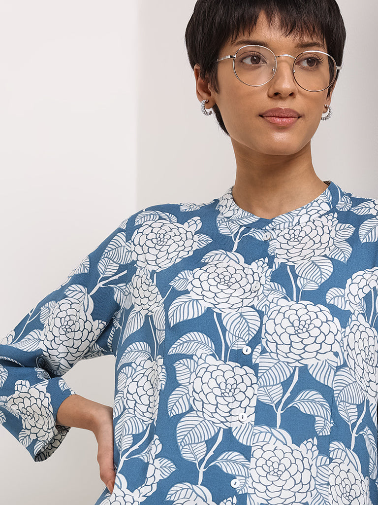 Utsa Blue Floral Button-Down Kurta