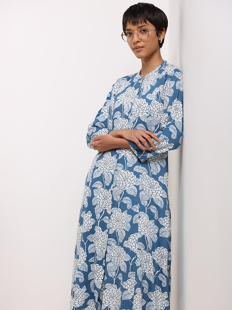 Utsa Blue Floral Button-Down Kurta