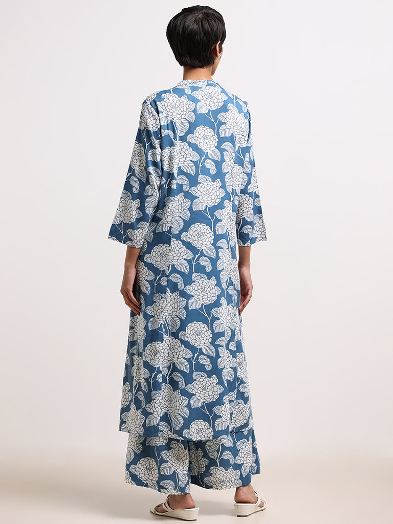 Utsa Blue Floral Button-Down Kurta