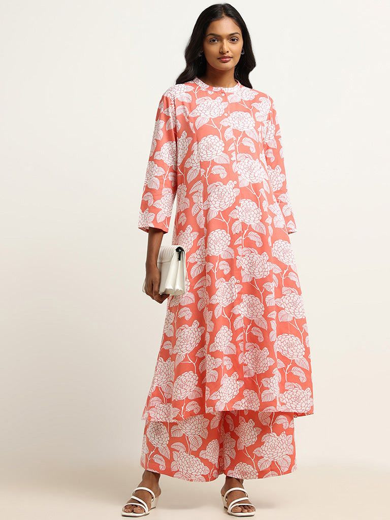 Utsa Coral Printed Button-Down Kurta