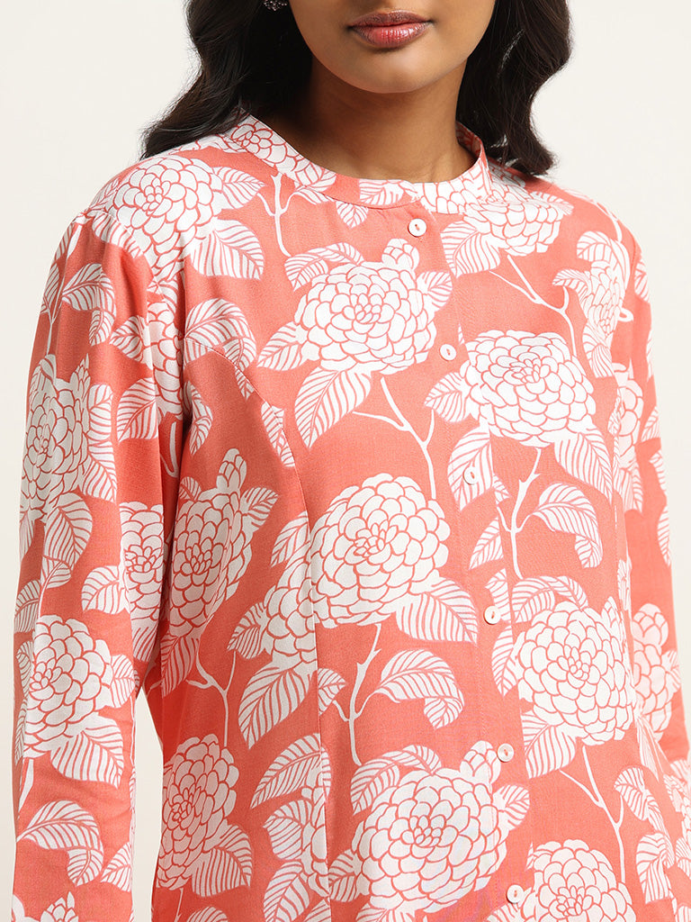 Utsa Coral Printed Button-Down Kurta