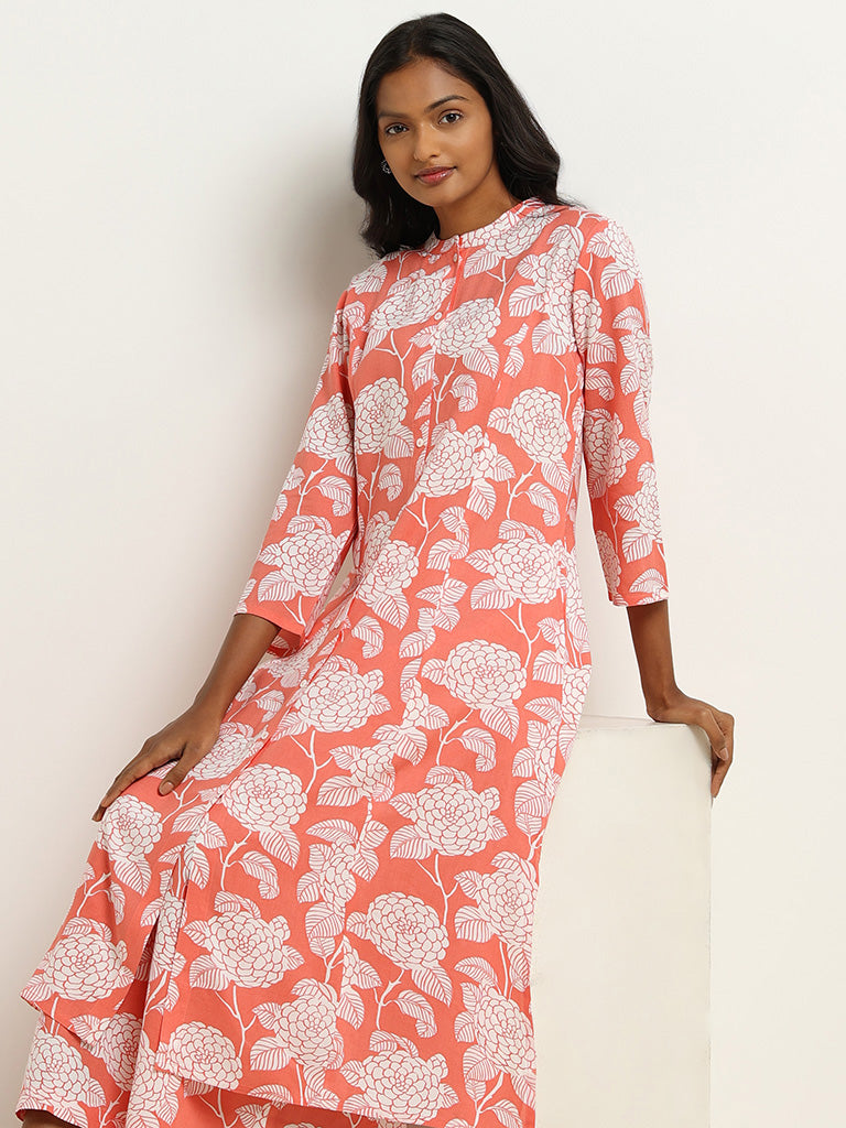 Utsa Coral Printed Button-Down Kurta