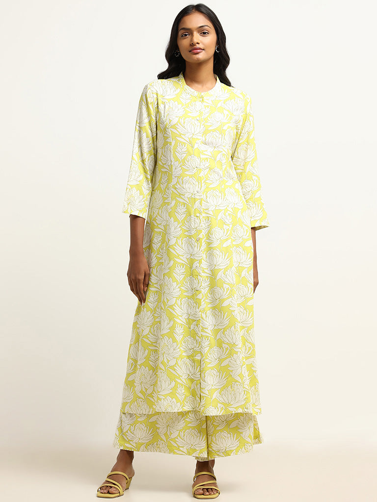 Utsa Yellow Printed Button-Down Kurta