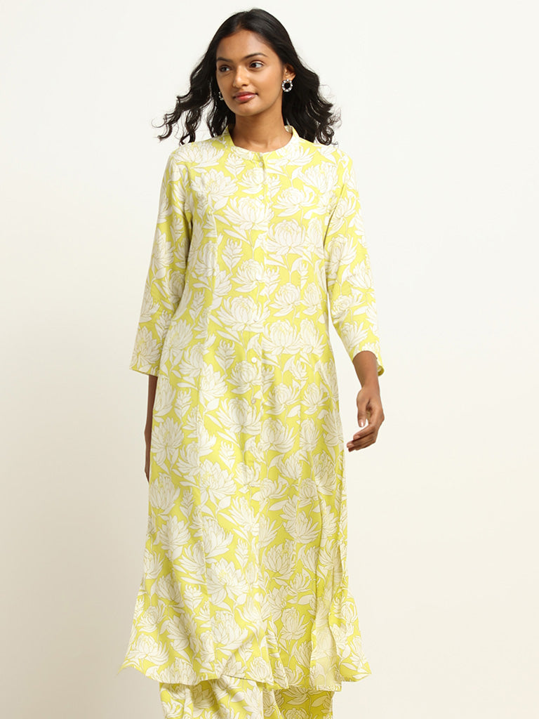 Utsa Yellow Printed Button-Down Kurta