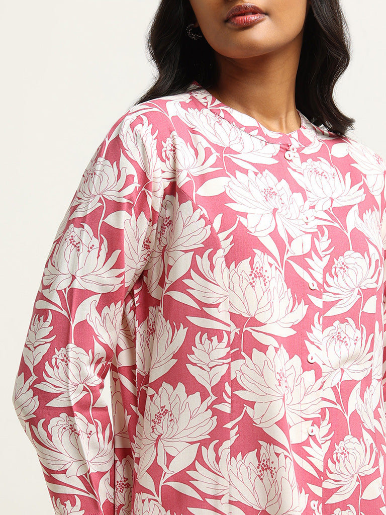 Utsa Pink Floral Button-Down Kurta