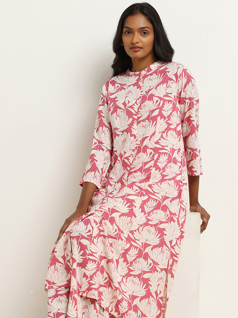 Utsa Pink Floral Button-Down Kurta