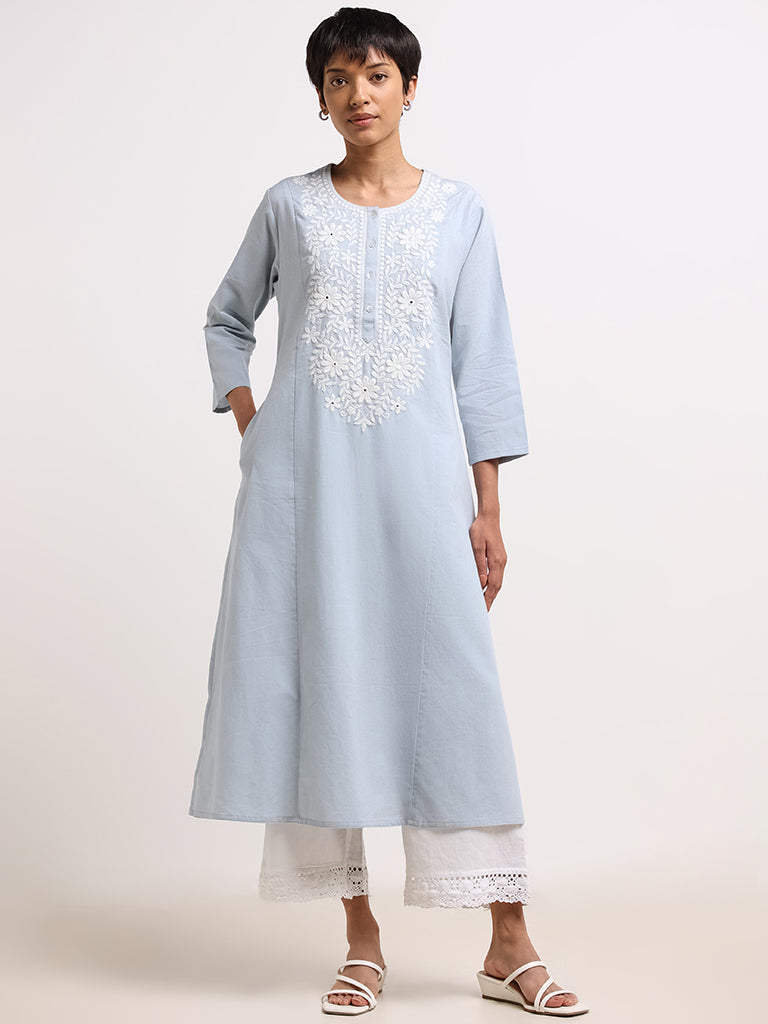 Utsa Blue Floral Embroidered Blended Linen Kurta