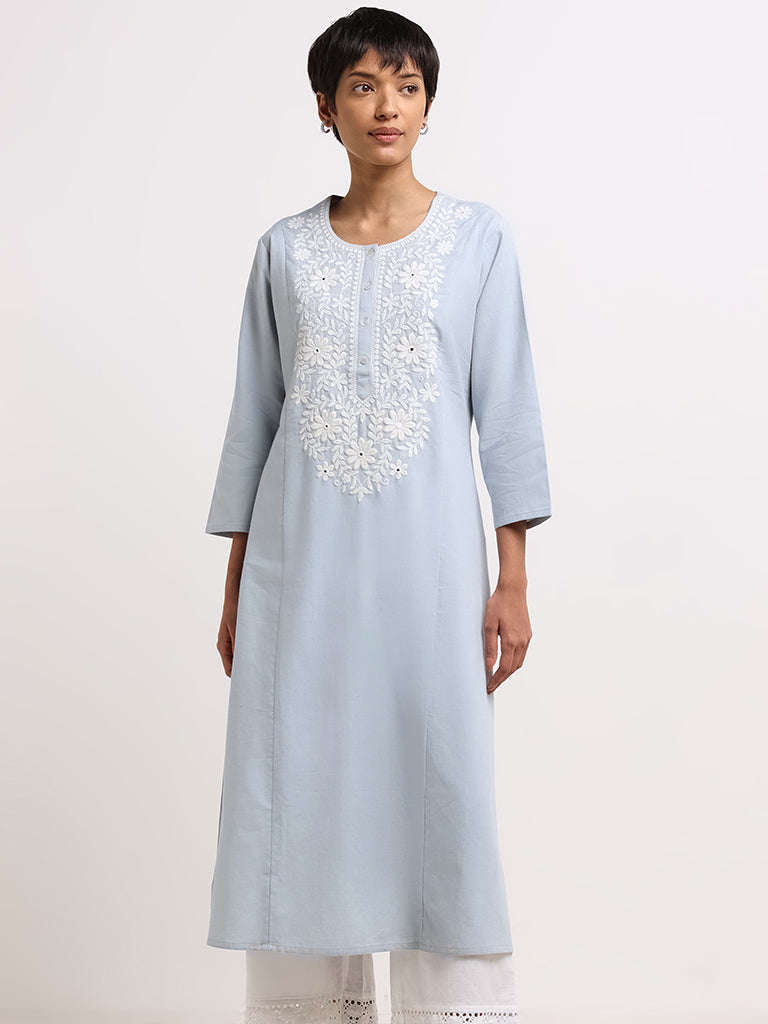 Utsa Blue Floral Embroidered Blended Linen Kurta