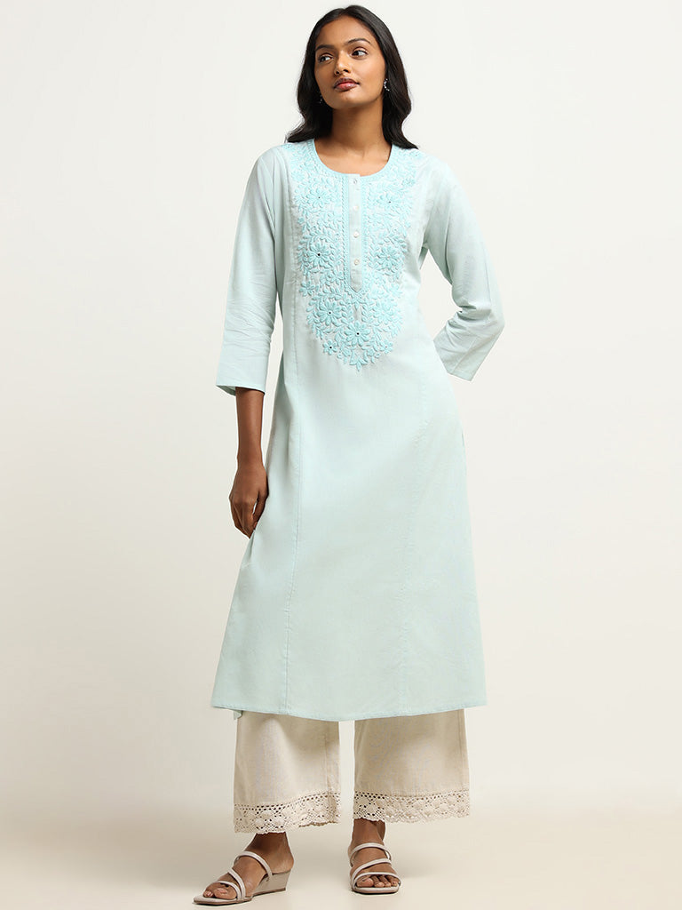 Utsa Blue Yoke Embroidered Blended Linen Kurta