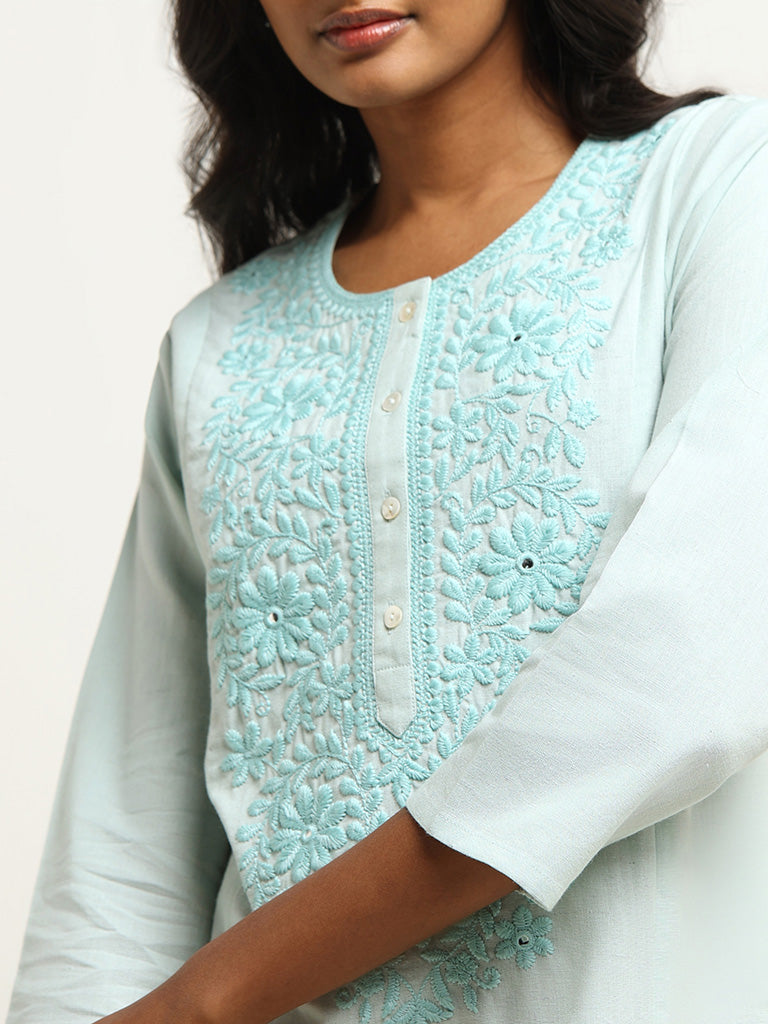 Utsa Blue Yoke Embroidered Blended Linen Kurta