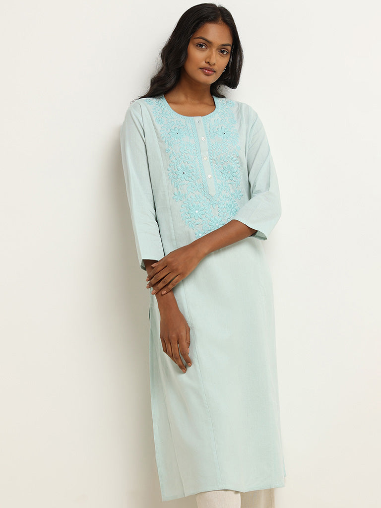 Utsa Blue Yoke Embroidered Blended Linen Kurta