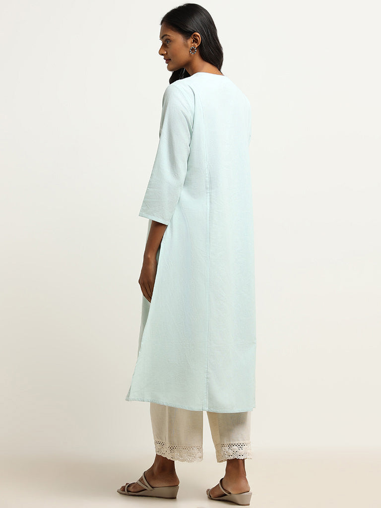 Utsa Blue Yoke Embroidered Blended Linen Kurta