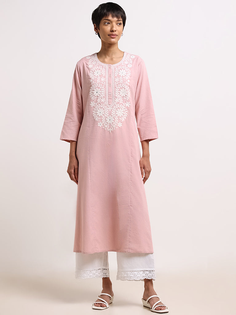 Utsa Pink Floral Embroidered Blended Linen Kurta