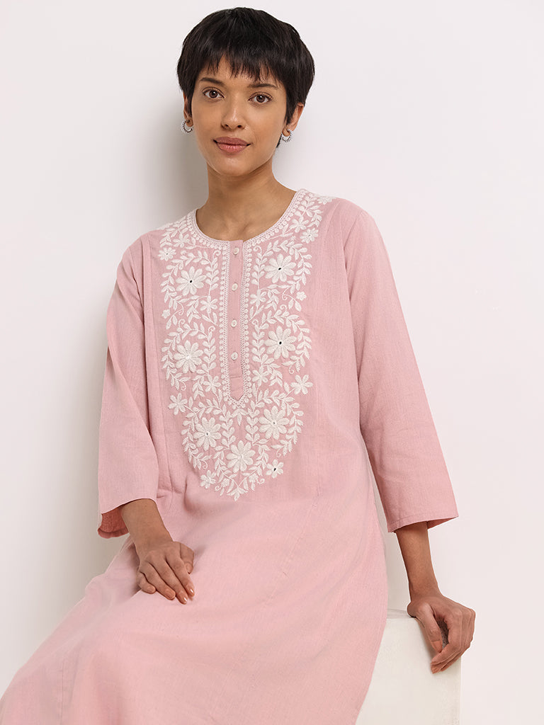 Utsa Pink Floral Embroidered Blended Linen Kurta