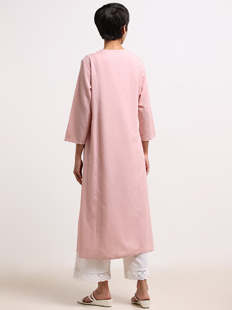 Utsa Pink Floral Embroidered Blended Linen Kurta