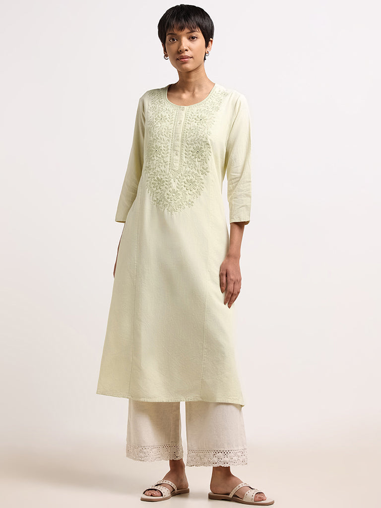 Utsa Yellow Floral Embroidered Blended Linen Kurta