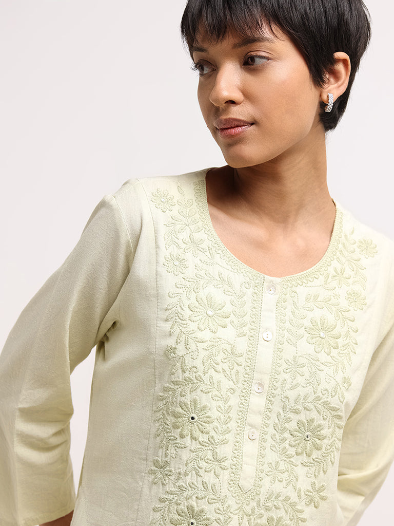 Utsa Yellow Floral Embroidered Blended Linen Kurta