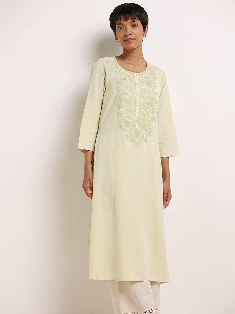 Utsa Yellow Floral Embroidered Blended Linen Kurta