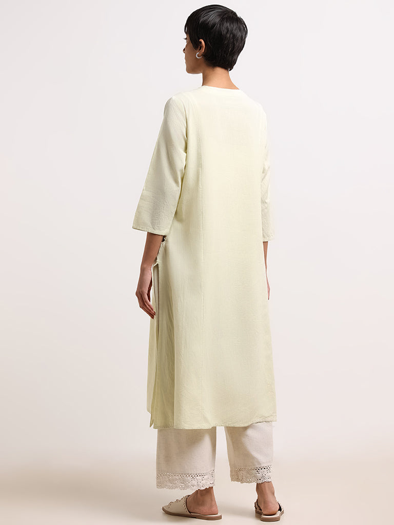 Utsa Yellow Floral Embroidered Blended Linen Kurta