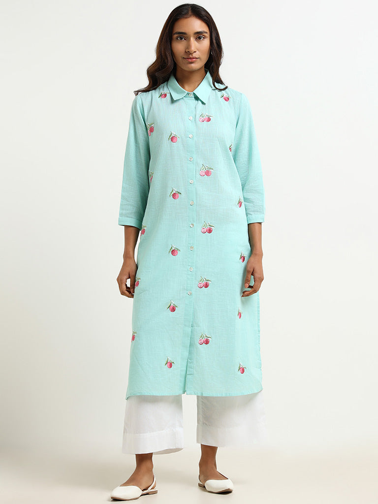 Utsa Blue Embroidered Shirt Blended Linen Kurta