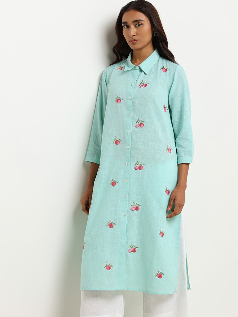 Utsa Blue Embroidered Shirt Blended Linen Kurta