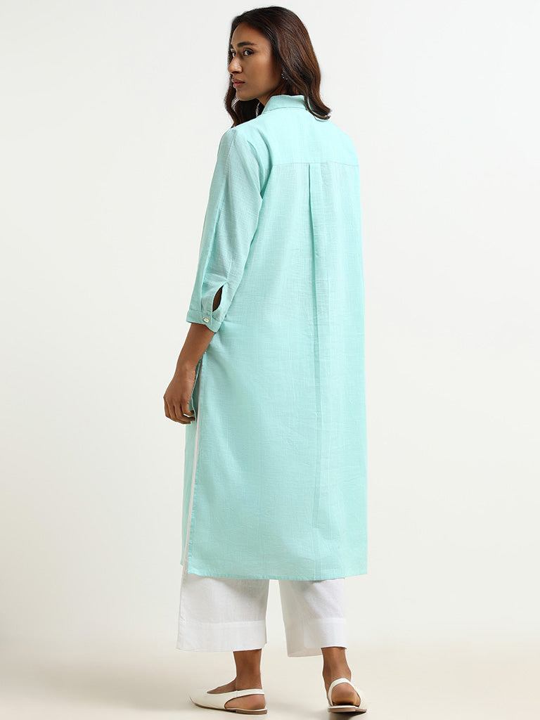 Utsa Blue Embroidered Shirt Blended Linen Kurta