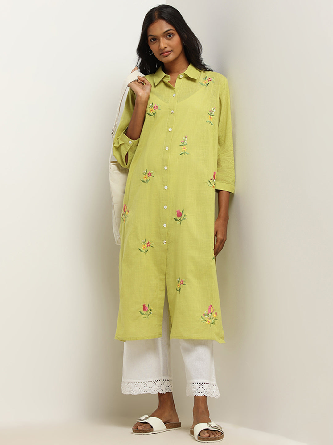 Utsa Lime Embroidered Cotton Kurta