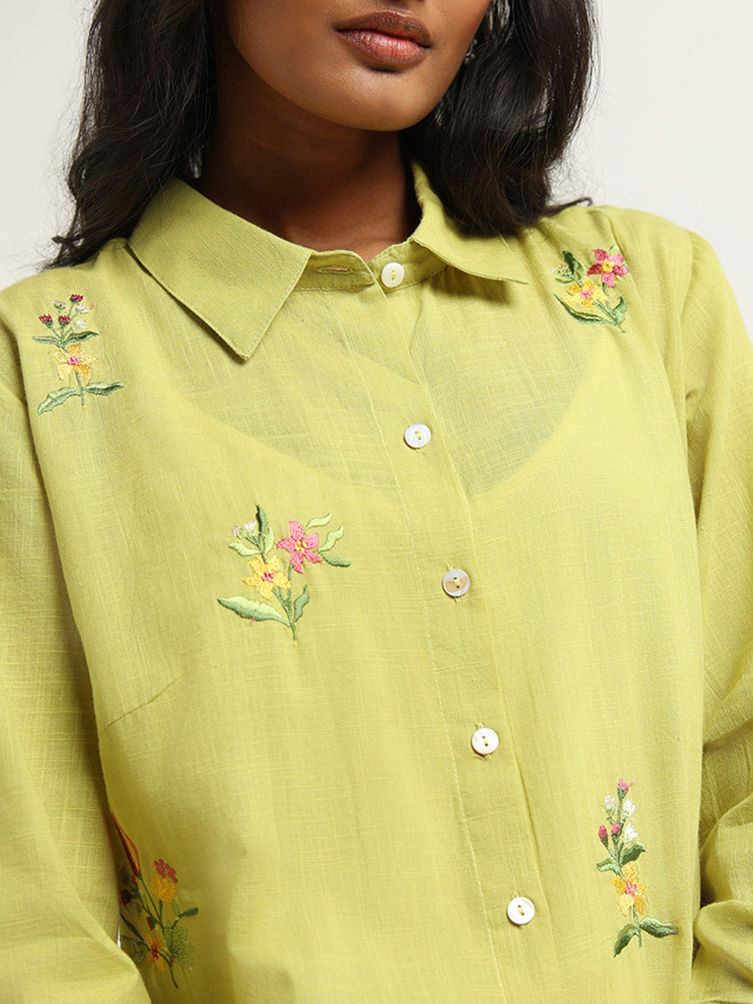 Utsa Lime Embroidered Cotton Kurta